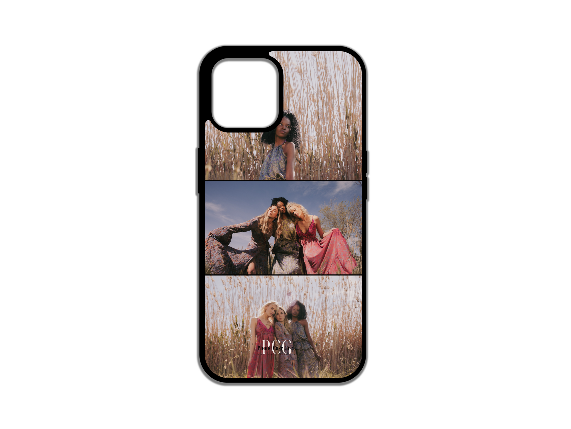 Example of a 3 Photo Collage Custom Phone Case for iPhone featuring three photos of friends, showcasing personalized design options.