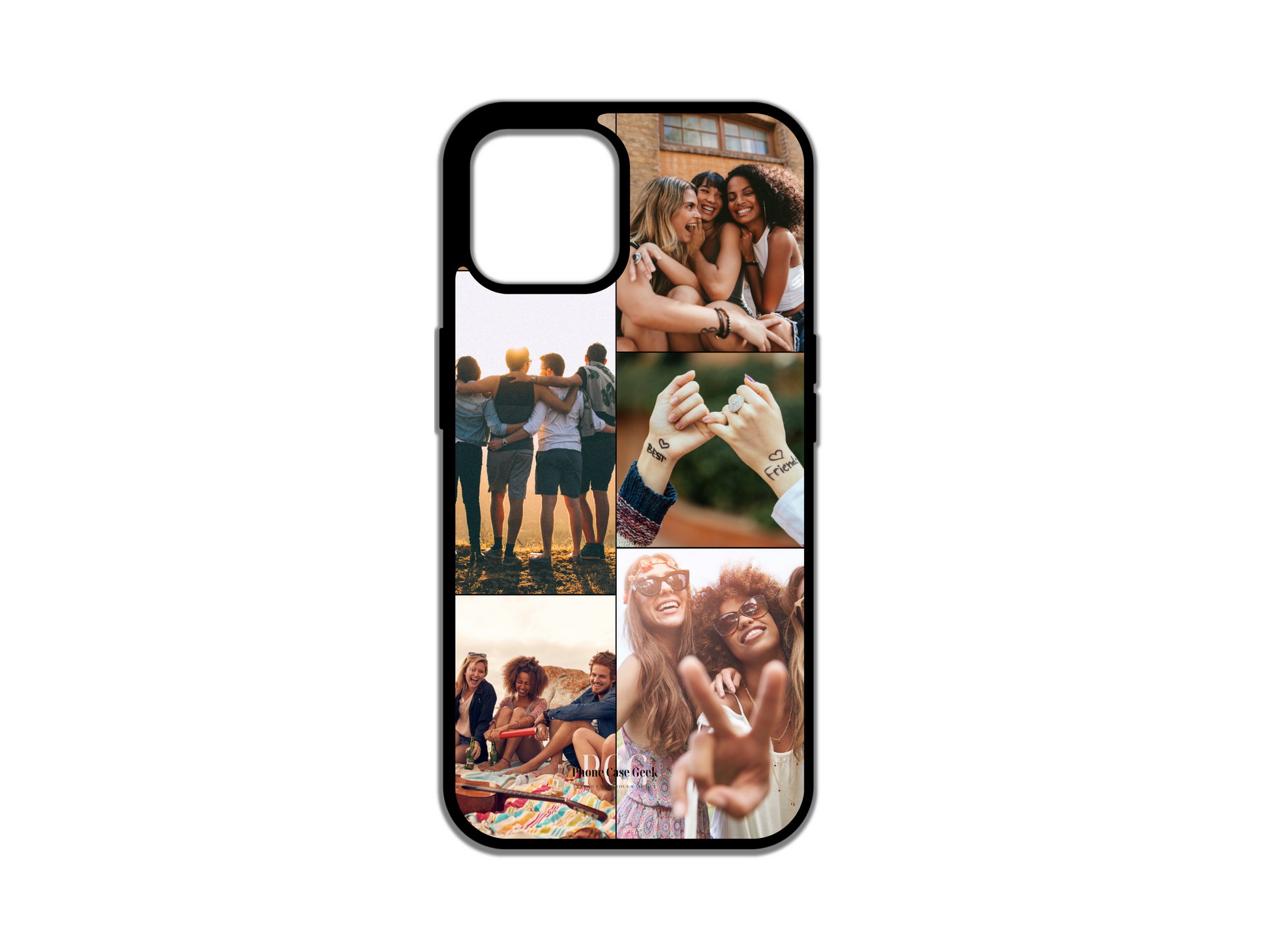 Example of a 5 Photo Collage Custom Phone Case for iPhone featuring friends enjoying laughter and time together, capturing joyful memories.