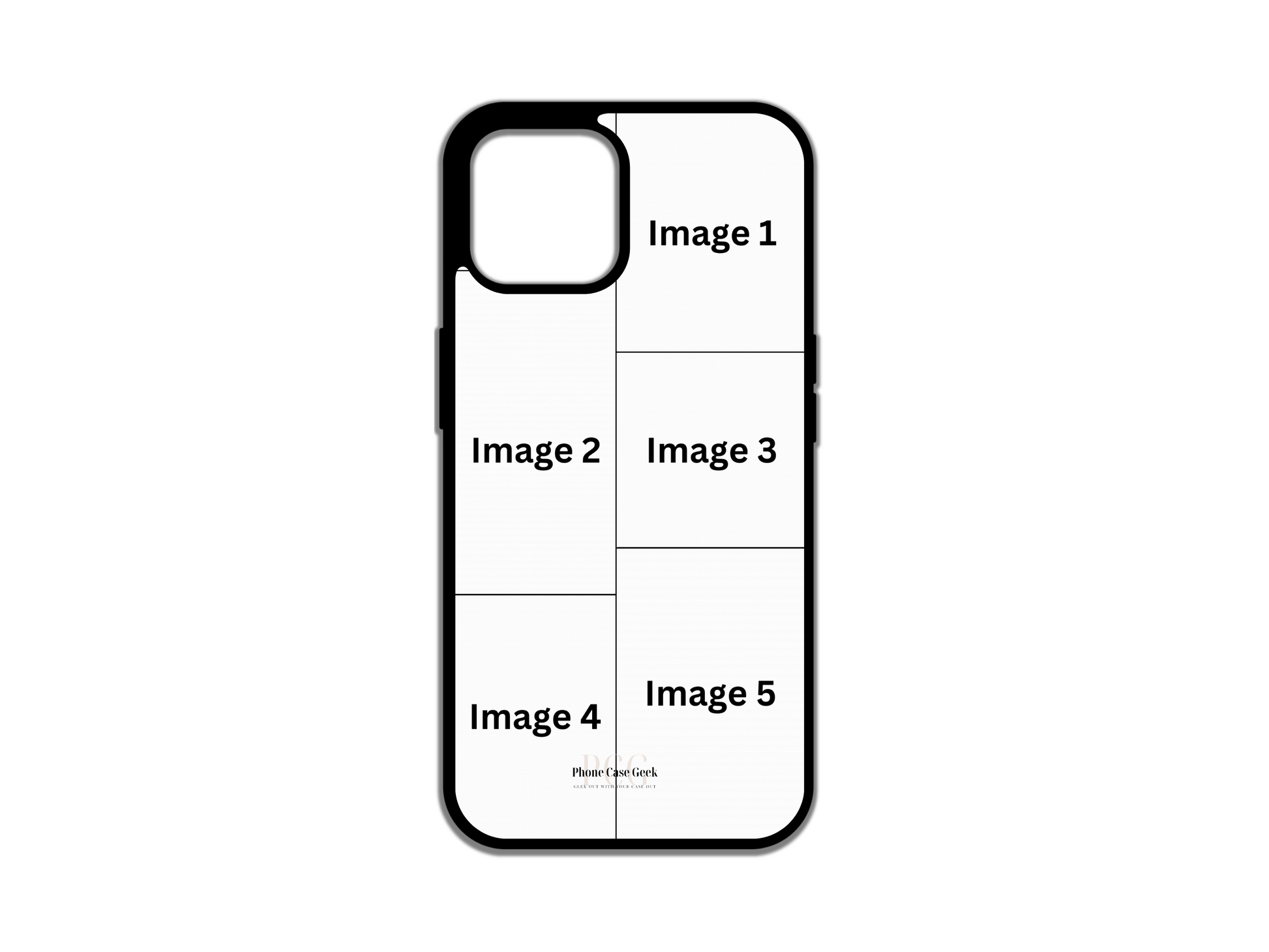 Template layout for 5 Photo Collage Custom Phone Case for iPhone, illustrating photo placement options for personalization.