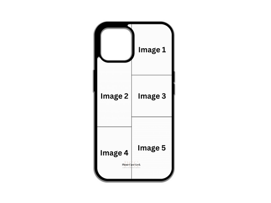Template layout for 5 Photo Collage Custom Phone Case for iPhone, illustrating photo placement options for personalization.