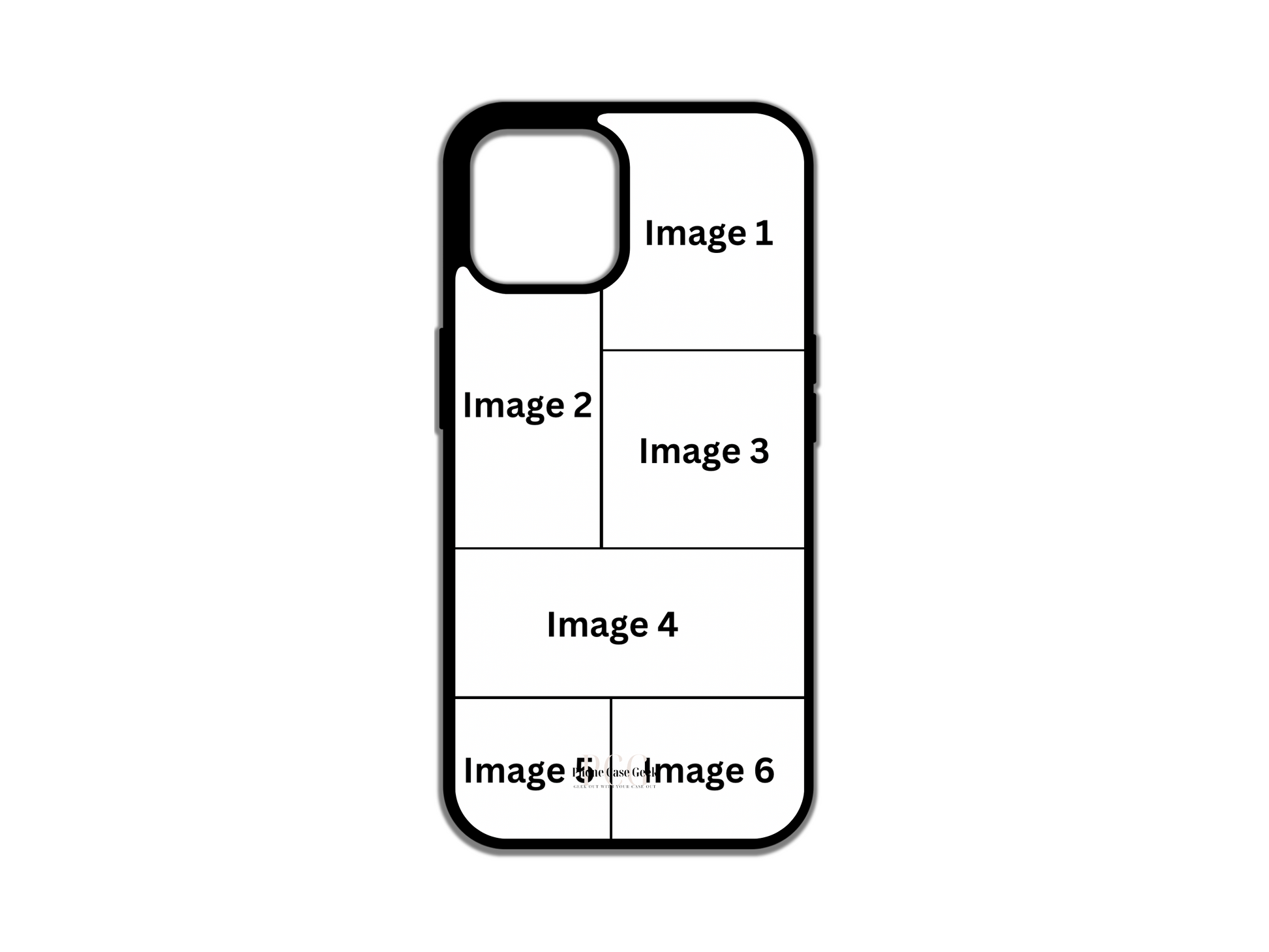 Template layout for a 6 photo collage custom phone case for iPhone, demonstrating design and photo placement options for customization.