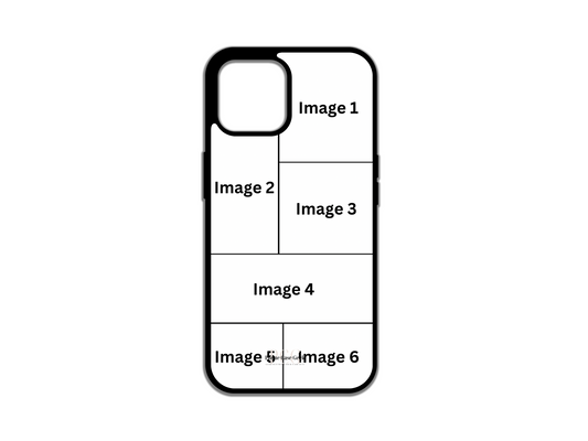 Template layout for a 6 photo collage custom phone case for iPhone, demonstrating design and photo placement options for customization.