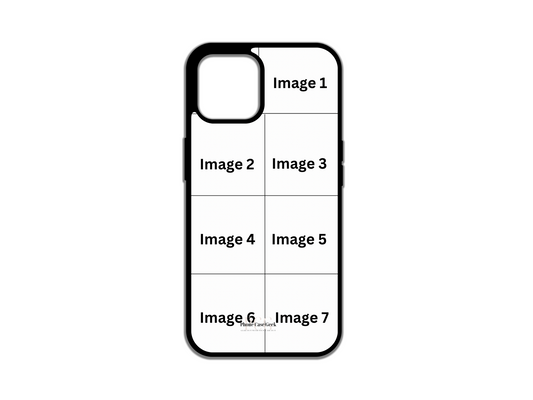 Template layout for a 7-photo collage custom phone case for iPhone, showcasing photo placement options.