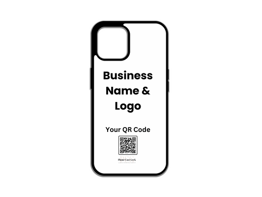 Custom iPhone phone case featuring placement for business logo and QR code design for branding and networking.
