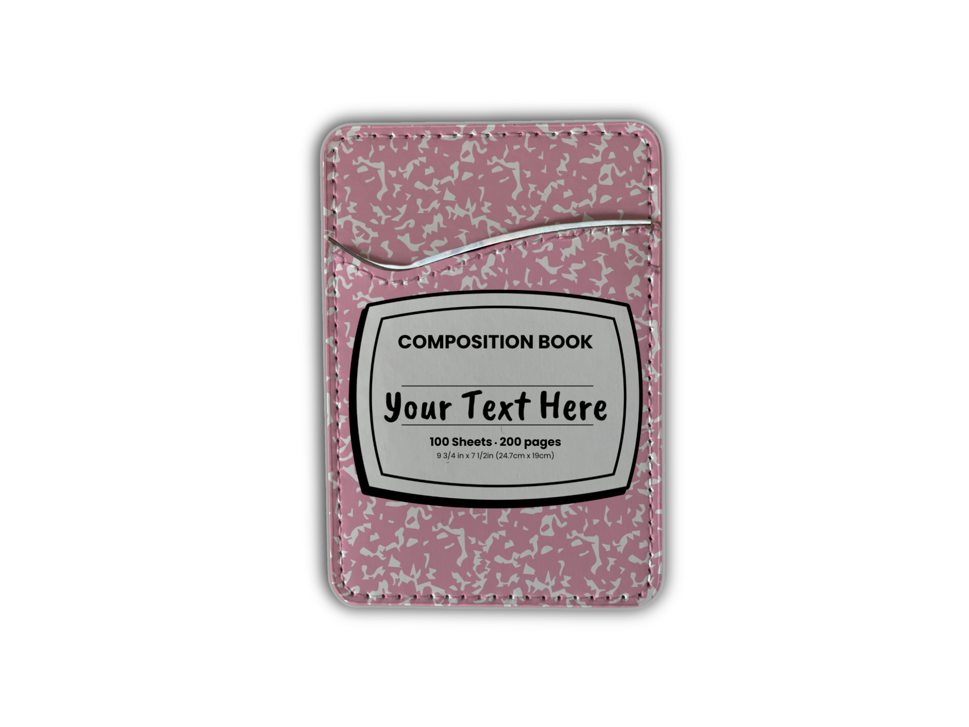 Pink and white composition notebook design phone adhesive wallet/card holder with customizable text area in the middle.