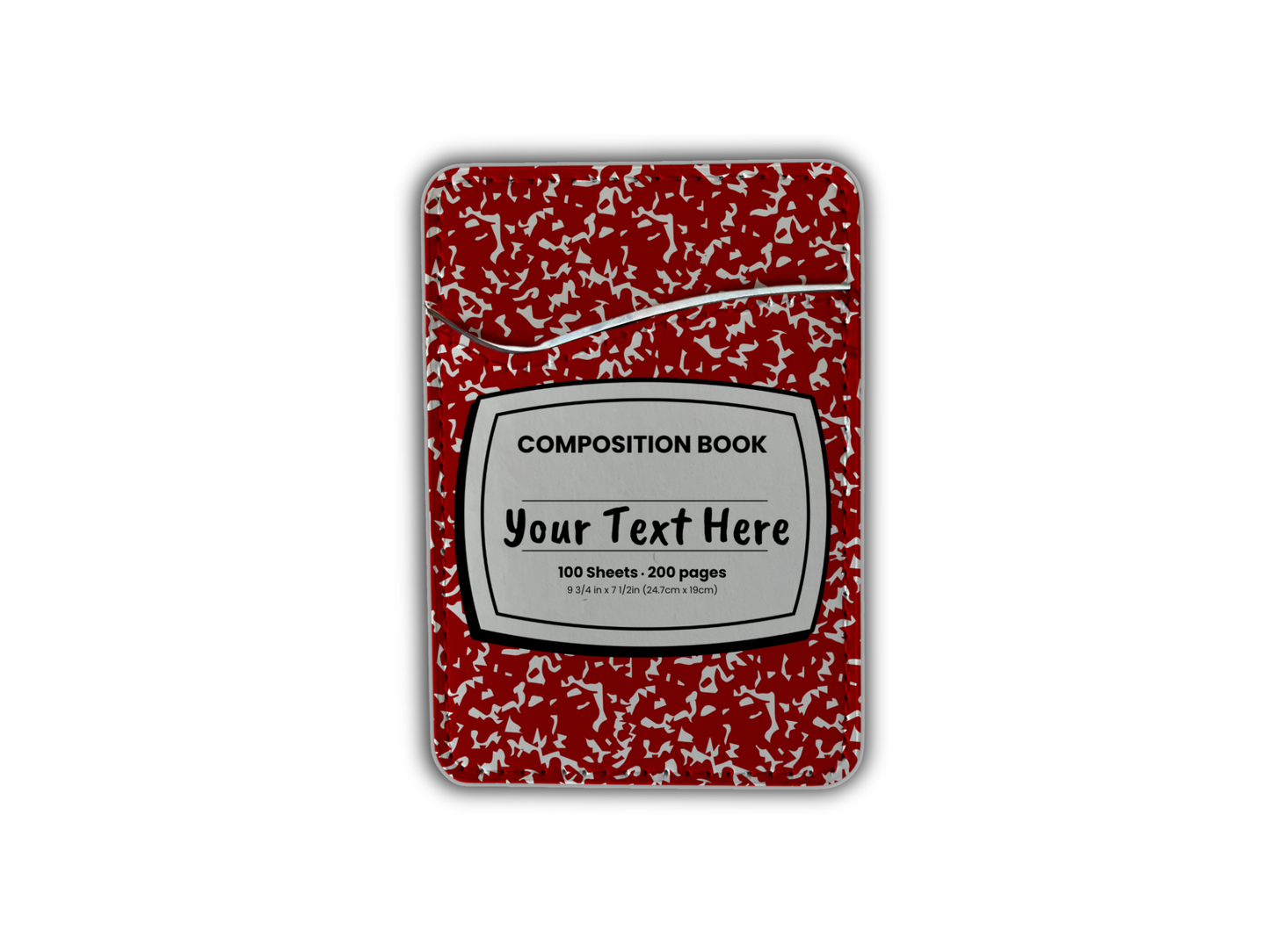 Red and white composition notebook design phone adhesive wallet/card holder with customizable text area in the middle.
