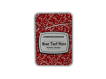 Red and white composition notebook design phone adhesive wallet/card holder with customizable text area in the middle.