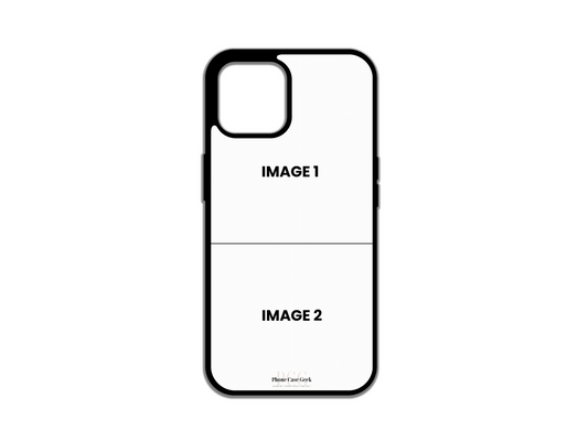 Template layout for 2 Photo Collage Custom Phone Case for iPhone, showcasing design options for photo placement.