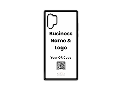 Template design for a custom business logo and QR code phone case for Samsung Galaxy Note 10, showcasing layout placement for personalization.