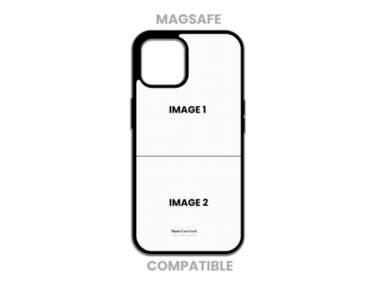 Template layout for MagSafe-compatible 2 Photo Collage Custom Phone Case for iPhone, showcasing design options for photo placement.